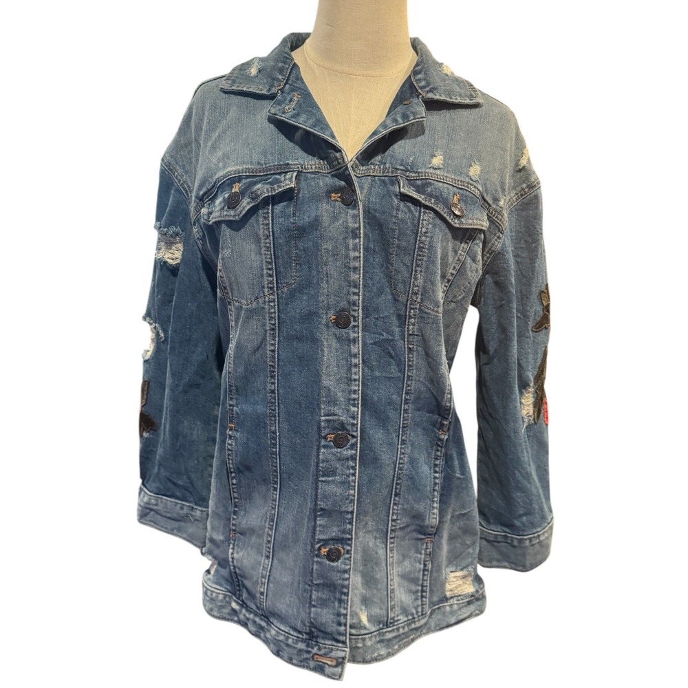 Express Jeans Blue Distressed Long Denim Jacket Red Rose Floral Embroidery Small